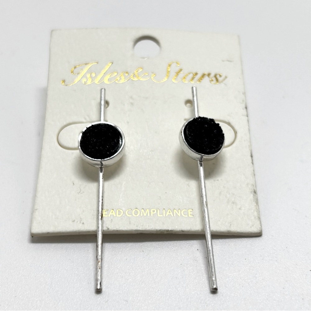 Isles & Stars, Silver And Black Druzy Quartz Earrings, Studs, NOC